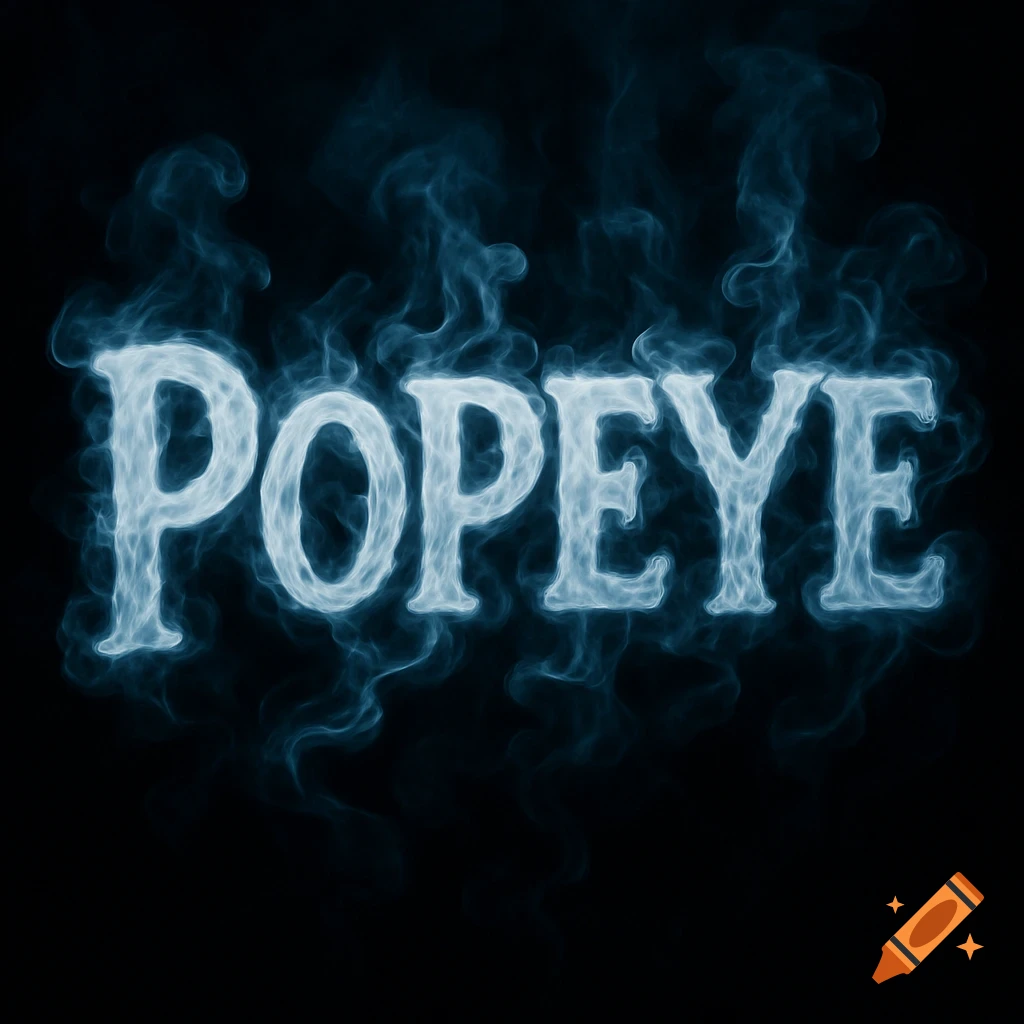 The word POPEYE rendered in glowing white and blue smoke against a dark background.