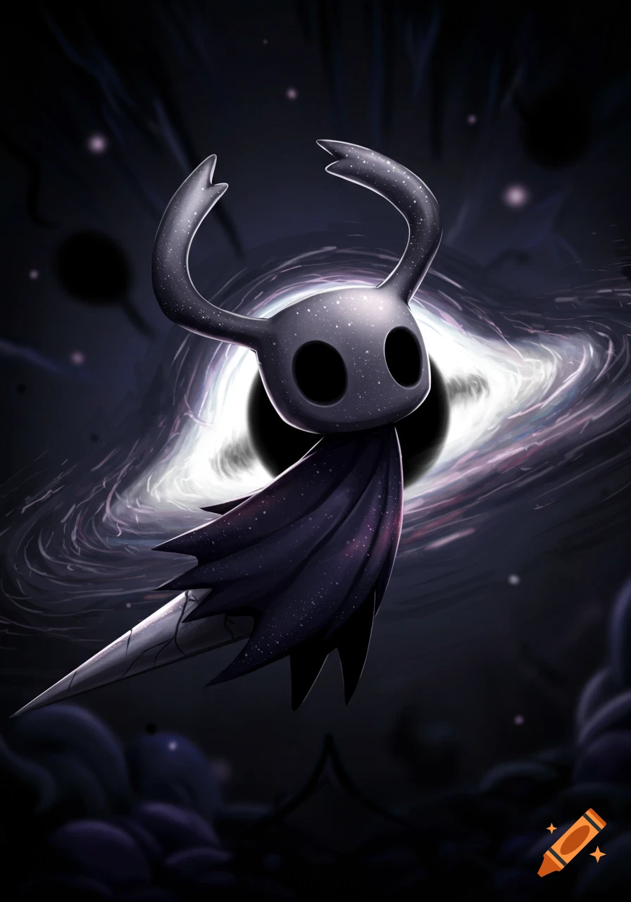 The Knight from Hollow Knight, with a starry body and cape, stands before a swirling black hole.