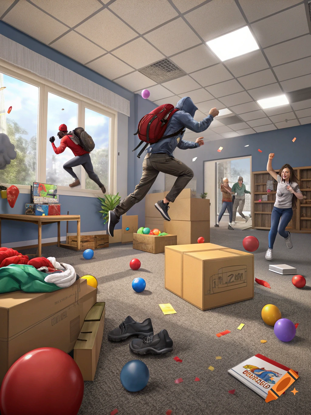 Two figures leap through a broken window into a chaotic room filled with scattered boxes, colorful balls, and confetti, while a woman cheers.