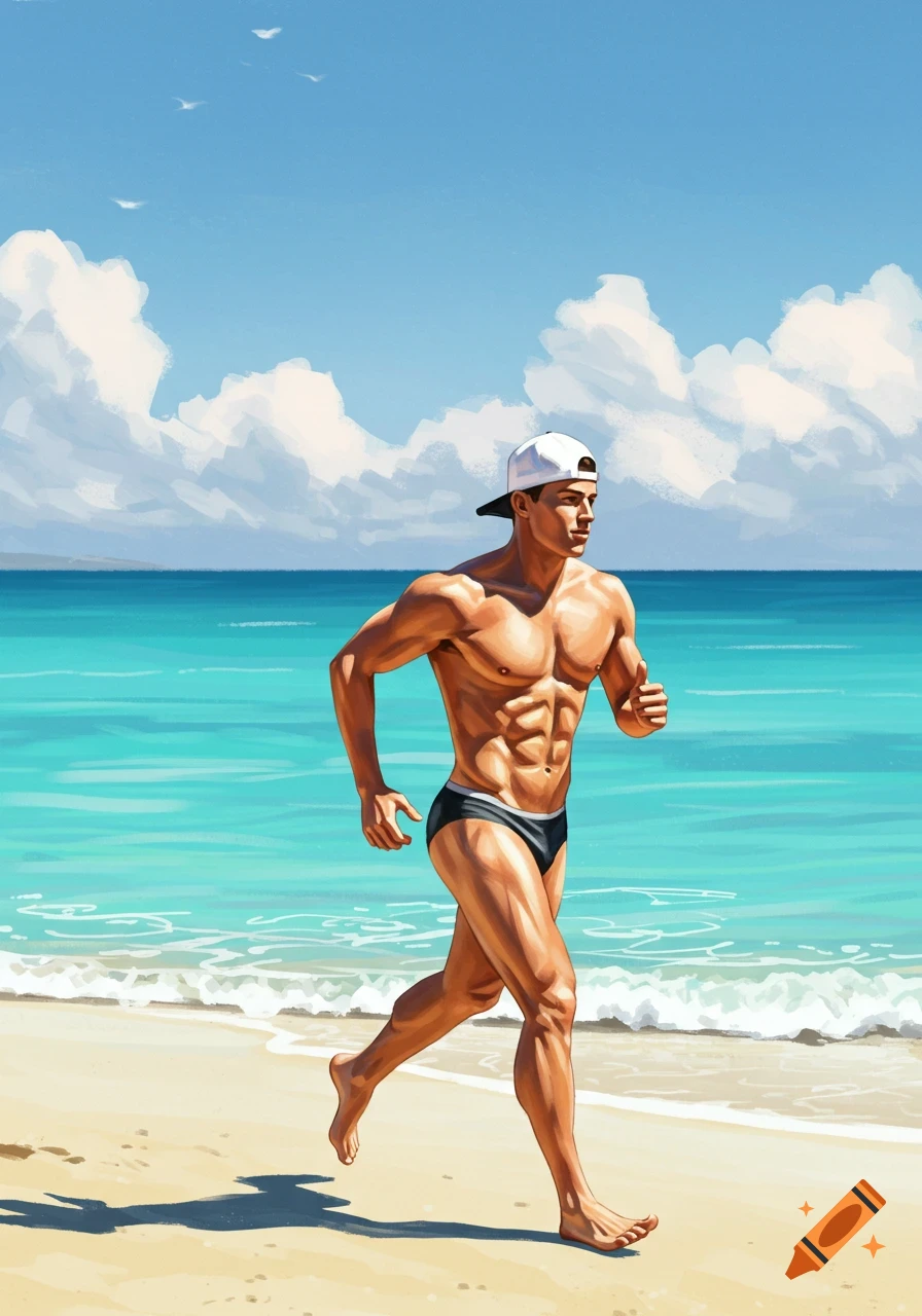 Illustrated man with athletic body, wearing a cap and swim trunks, running along a sunny beach with clear blue ocean.