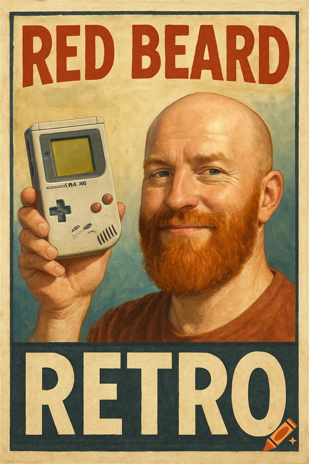 An illustration of a bald man with a red beard holding up a grey vintage Game Boy, set against a beige background with red text "RED BEARD" at the top and "RETRO" at the bottom, in a vintage poster style.