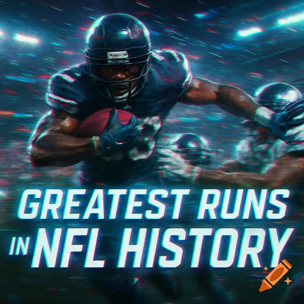 A cinematic image of an NFL running back bursting through defenders in a stadium with motion blur and glitch effects. Text reads: Greatest Runs in NFL History.