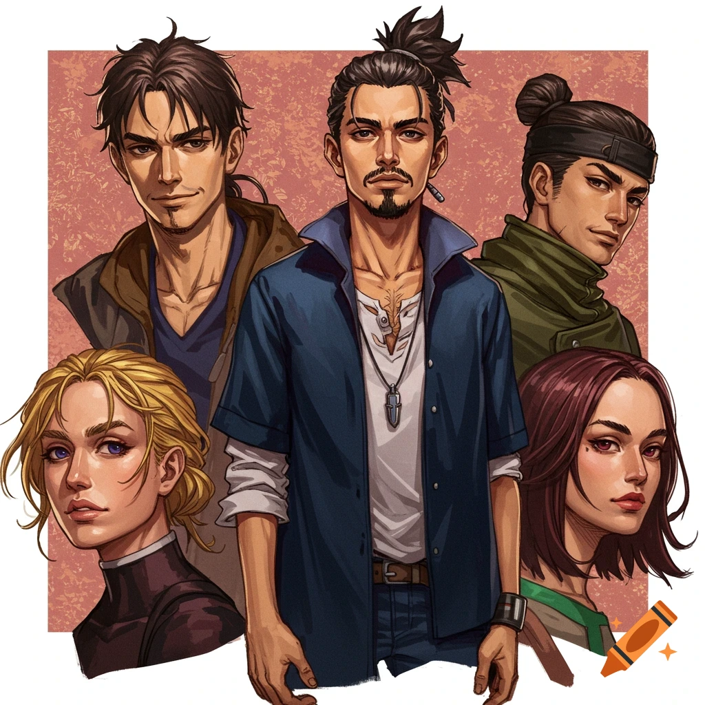 An anime-style illustration of five diverse characters: three men and two women, depicted in a group portrait.