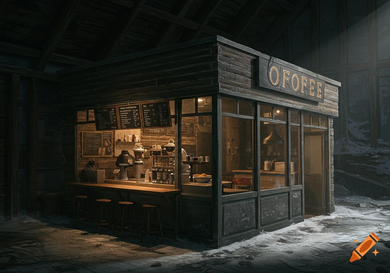 A realistic, slick, and modern small coffee shop with a sign reading 'OFOFEE' sits oddly inside a cold, dark, run-down wooden cabin, surrounded by snow.