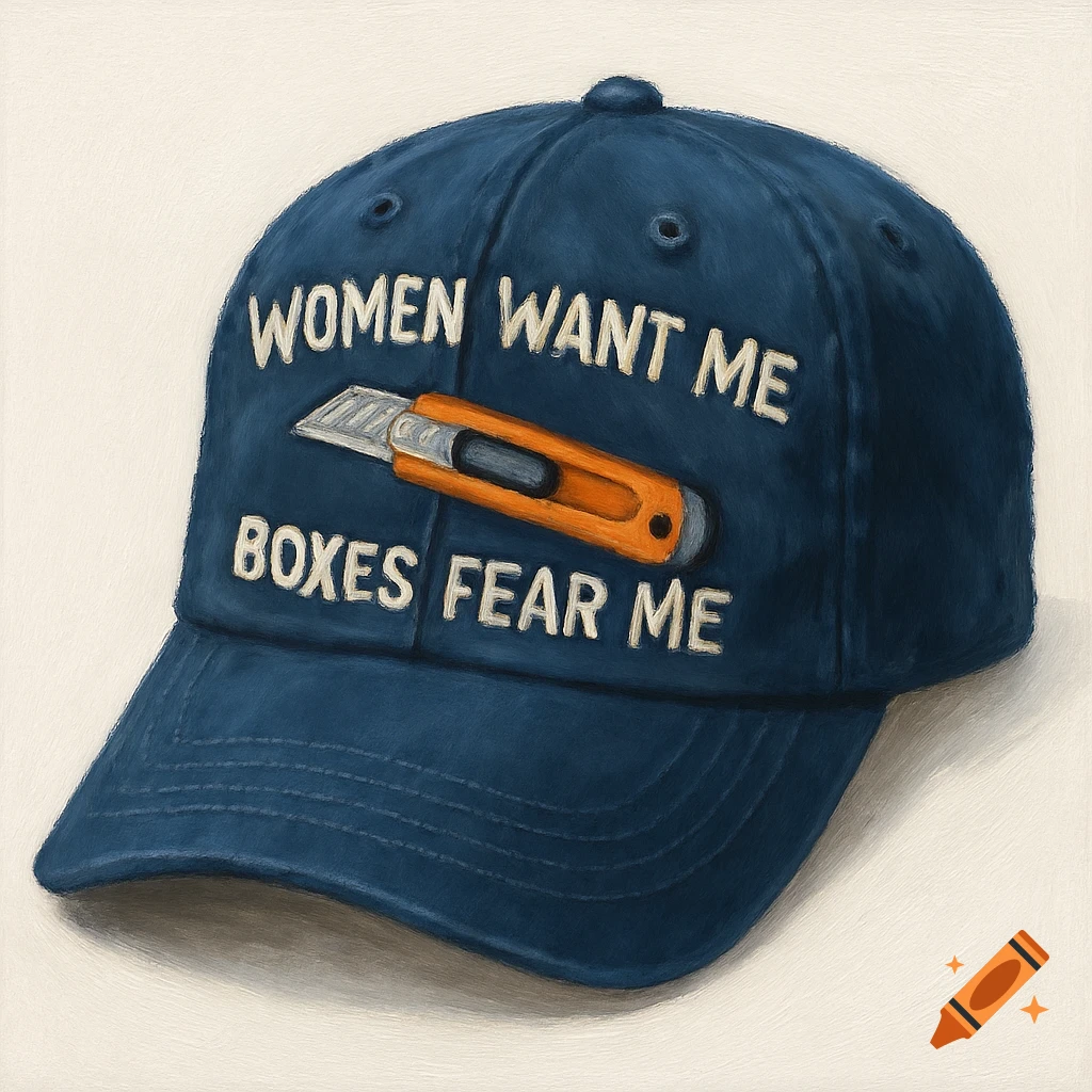 A blue baseball cap with 'WOMEN WANT ME BOXES FEAR ME' and an orange box cutter embroidered on the front.