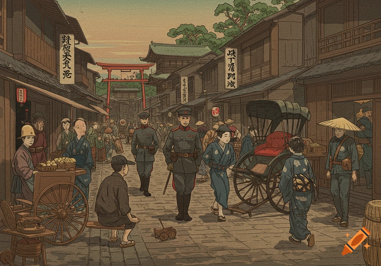 A detailed illustration in a Japanese art style showing a busy street scene. People in traditional attire and military uniforms walk among shops and carts, with a red torii gate in the background.