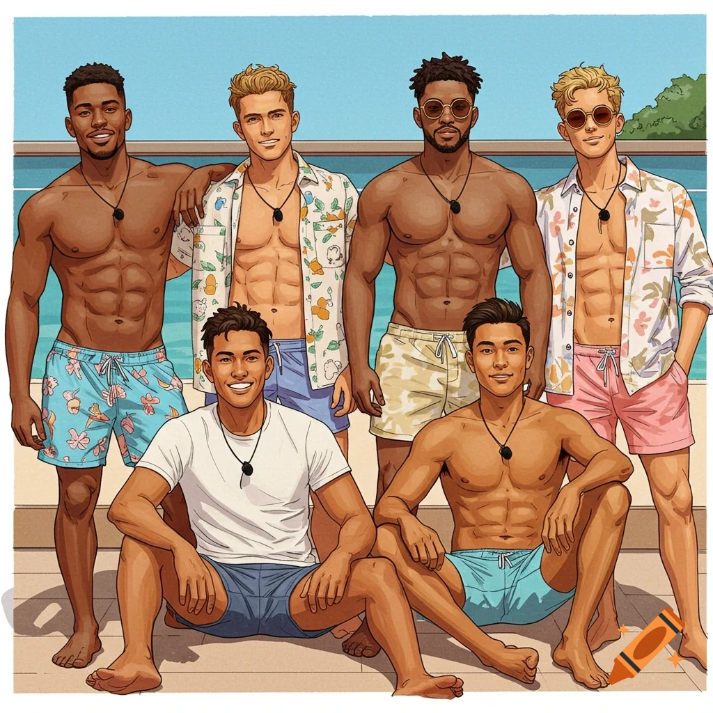 Six diverse men posing by a pool in swim trunks and open shirts, in a cartoon style.