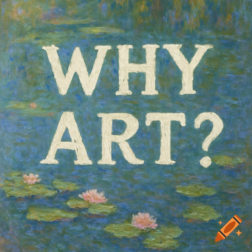 The phrase 'WHY ART?' rendered in a textured, off-white font over a blue-green background featuring pink water lilies, in the style of Monet.