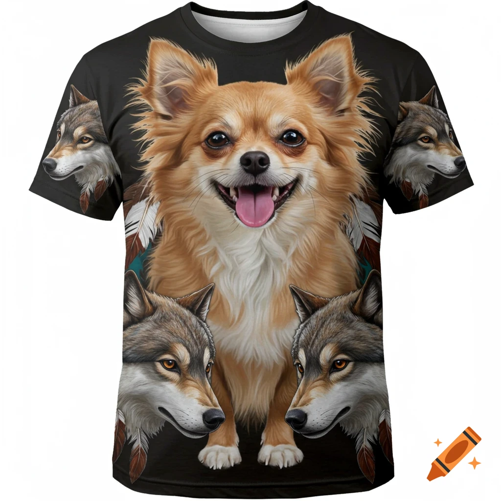A black t-shirt with a happy long-haired chihuahua surrounded by four wolf faces and feathers, in a hyperrealistic painting style.