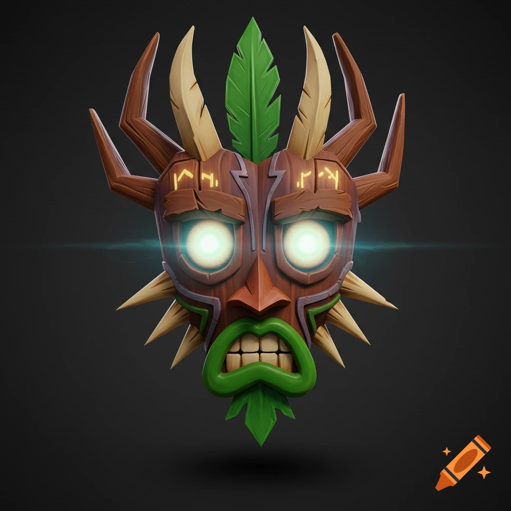 A stylized 3D brown wooden tribal mask with glowing green eyes, a green mouth, a feather on top, and rune-like carvings.
