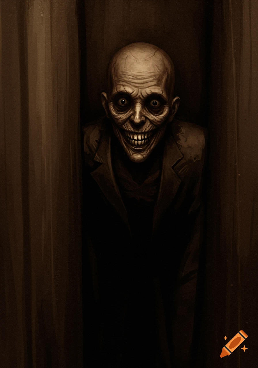 A bald, gaunt, creepy man with wide eyes and a toothy grin peeks from a dark, sepia-toned corner. Stylized digital art.