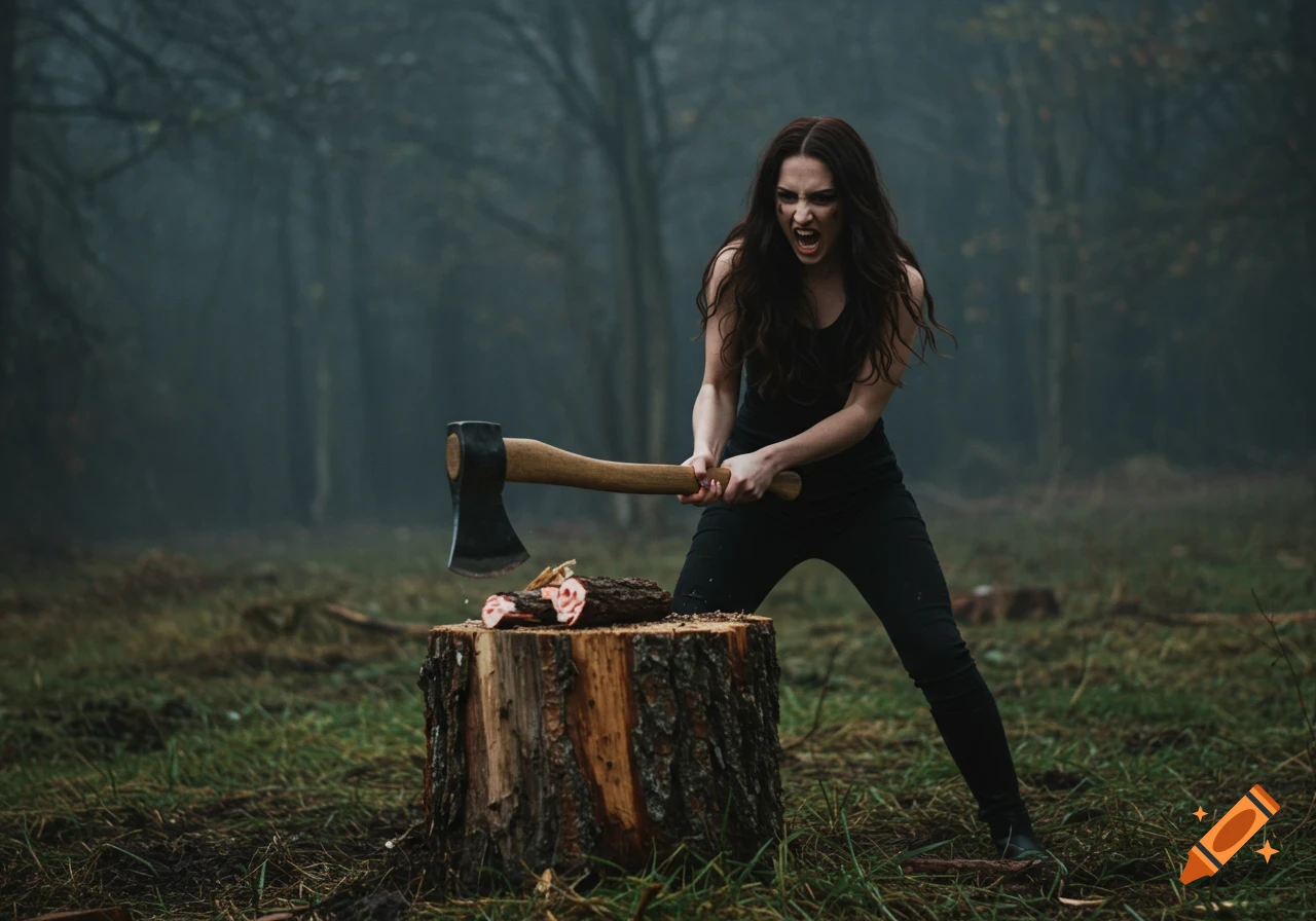 A furious woman with long dark hair vigorously swings an axe into a log on a tree stump in a dark, misty forest, cinematic photo.