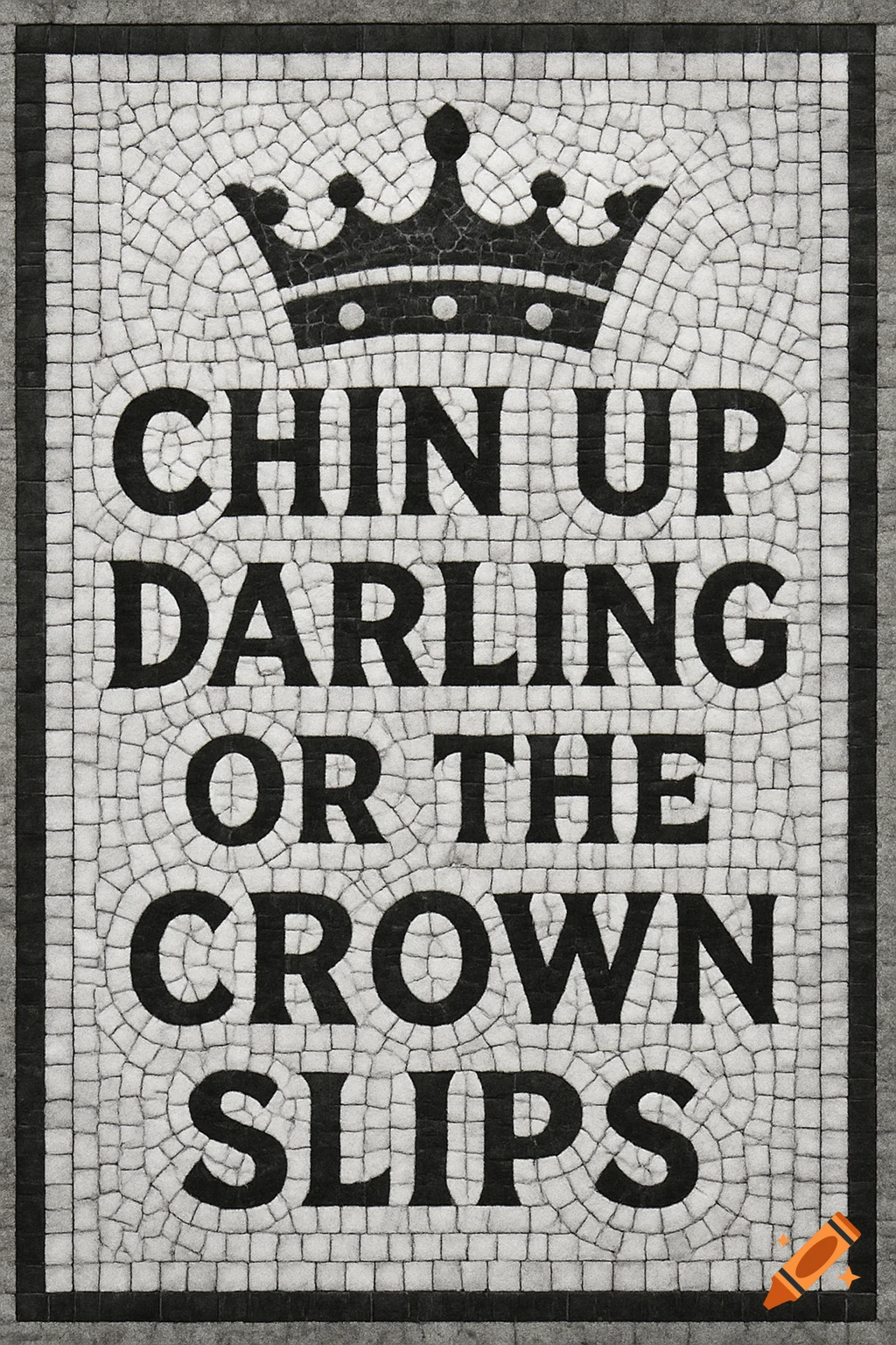 Black and white mosaic tile artwork featuring a crown and the motivational quote, 'Chin up darling or the crown slips'.