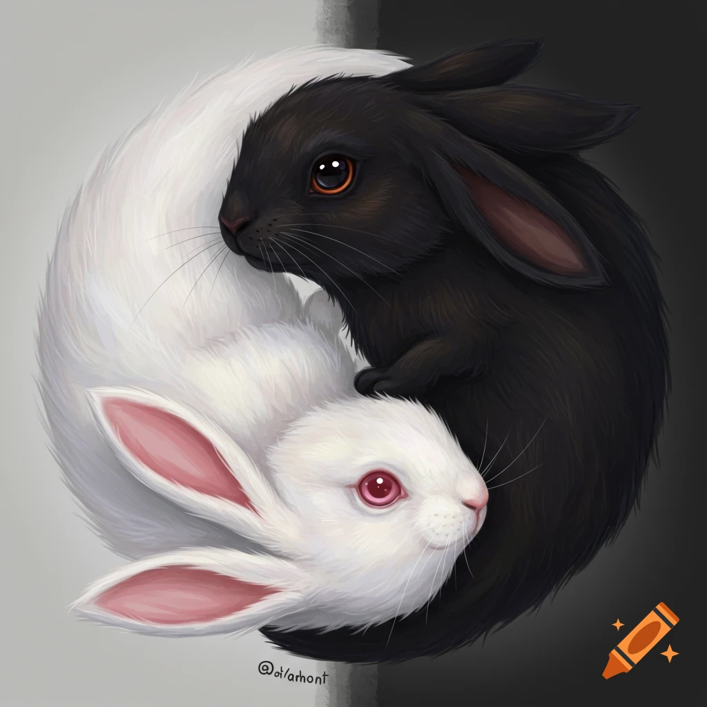 Two digital art rabbits, one white and one black, arranged in a Yin and Yang symbol.