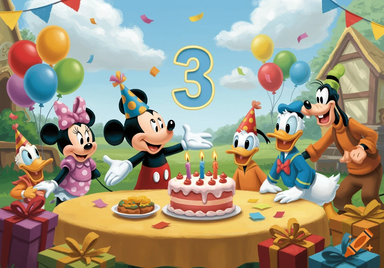 Mickey Mouse, Minnie Mouse, Donald Duck, and Goofy celebrate a 3rd birthday with a cake, balloons, and presents in a cartoon style.