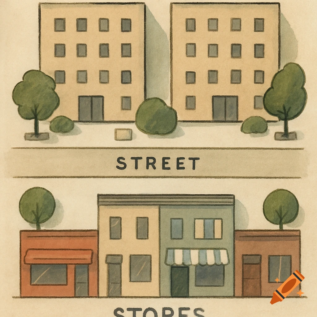 A simple, hand-drawn illustration of a city layout with apartment ...