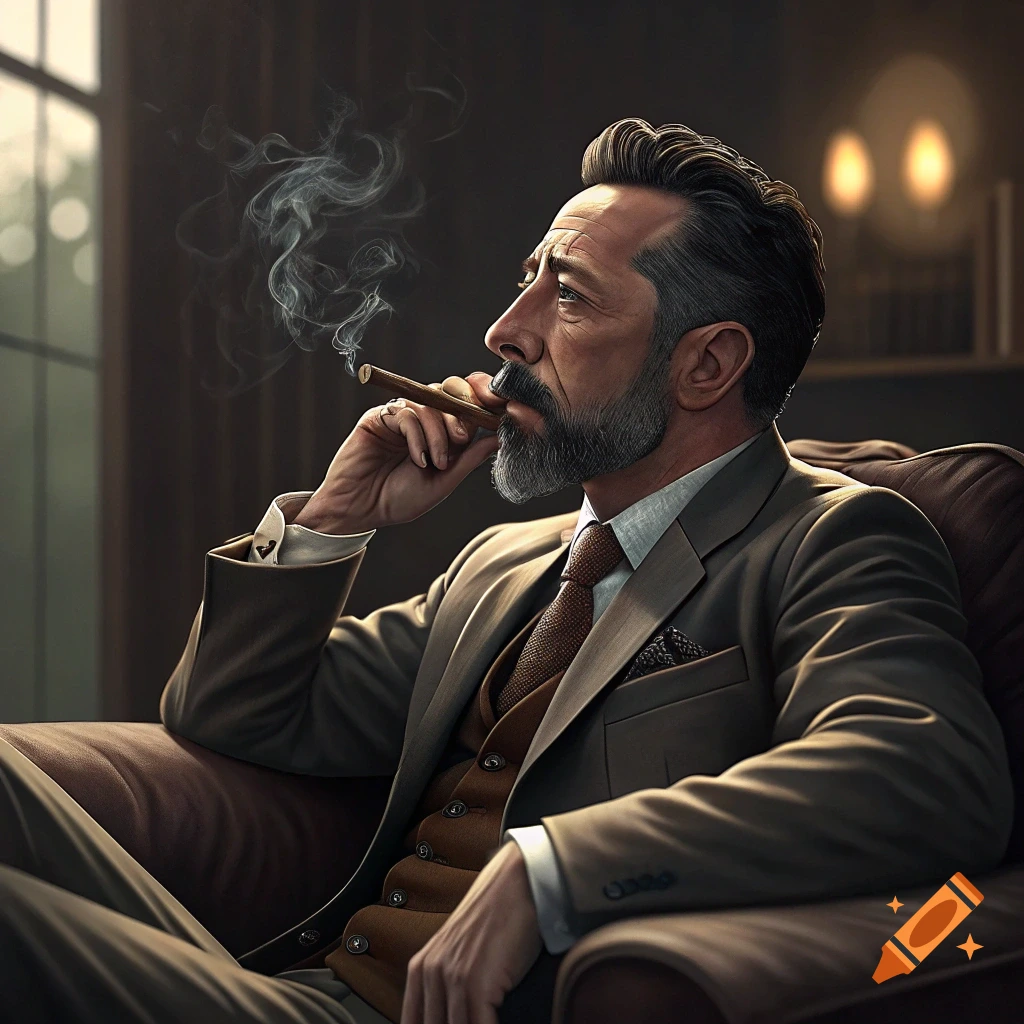 Photorealistic portrait of a bearded man in a suit, sitting in a leather chair, smoking a cigar.