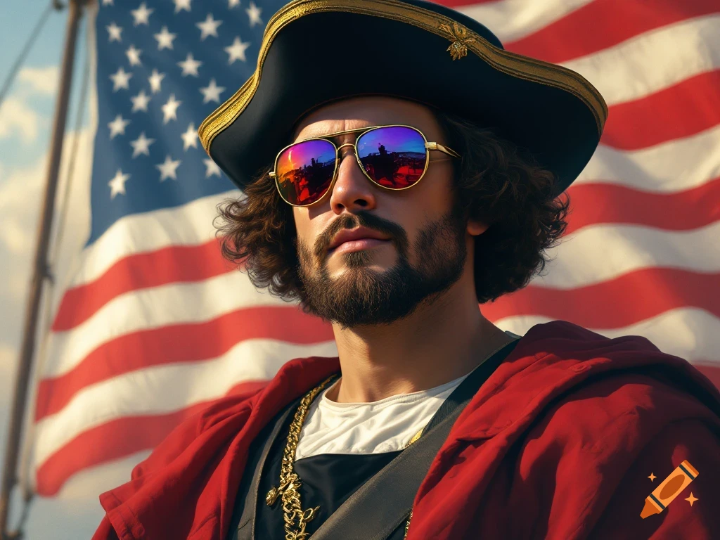A man resembling Christopher Columbus in a red coat and tricorn hat, wearing reflective sunglasses, against a blurred American flag backdrop.