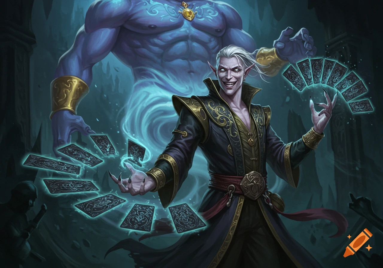 A grinning elf-like warlock manipulates glowing magic cards, with a muscular blue genie emerging behind him in a dark fantasy illustration.