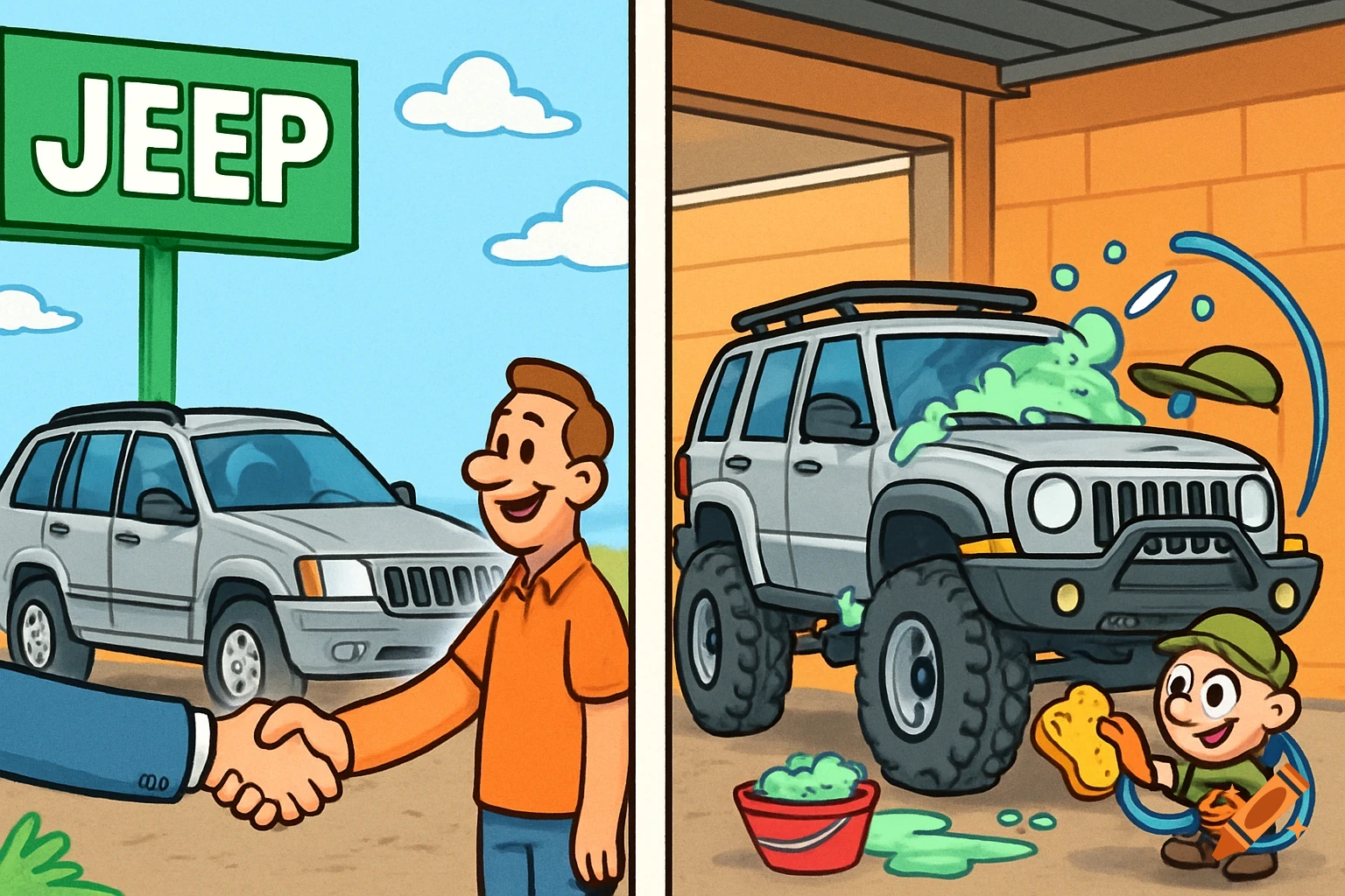 A two-panel cartoon shows a man shaking hands in front of a Jeep dealership, and a small person washing a modified Jeep SUV.