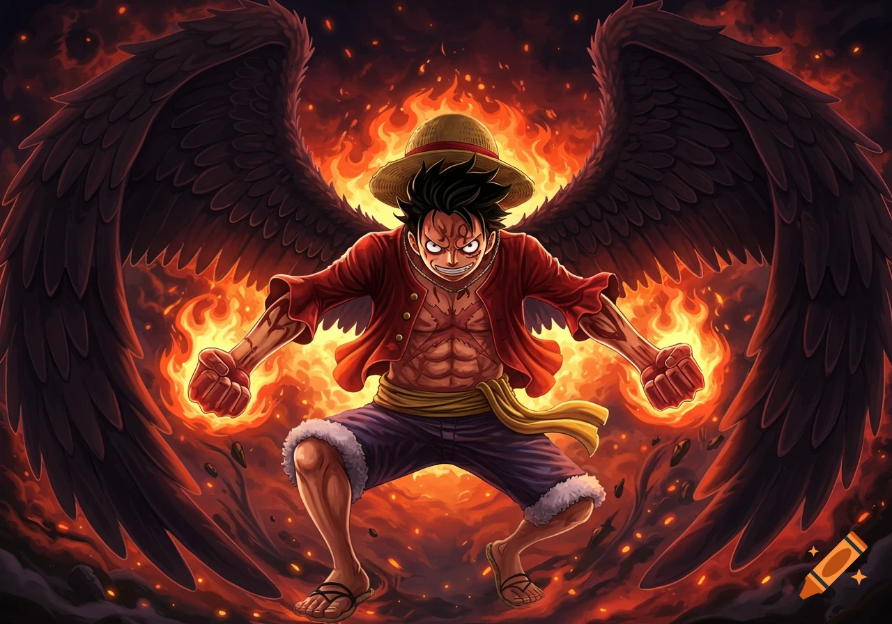 Luffy from One Piece with large black wings, surrounded by fire, in an intense, dynamic pose. Anime style.