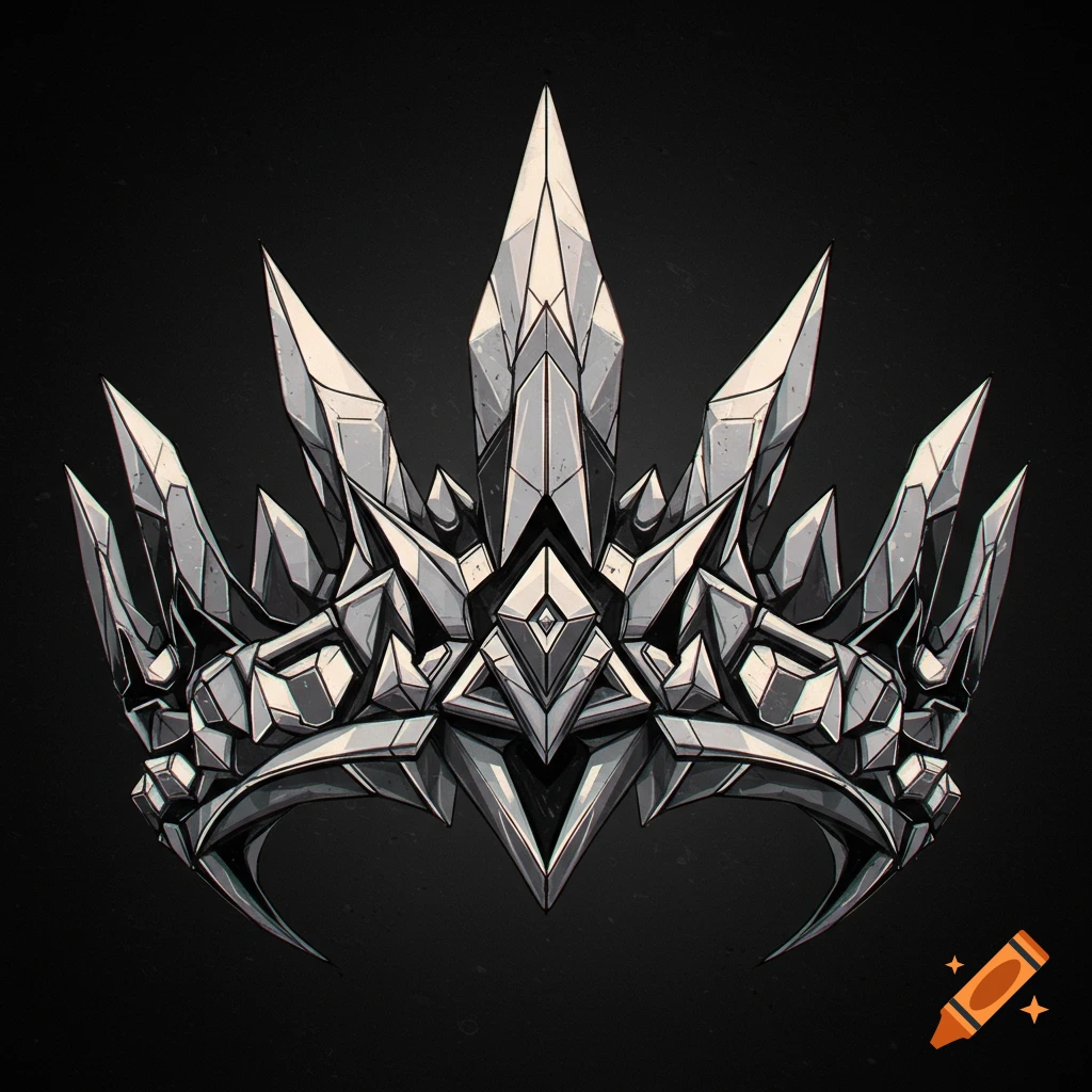 Edgy illustration of a crown made from sharp, faceted silver crystals on a dark background.