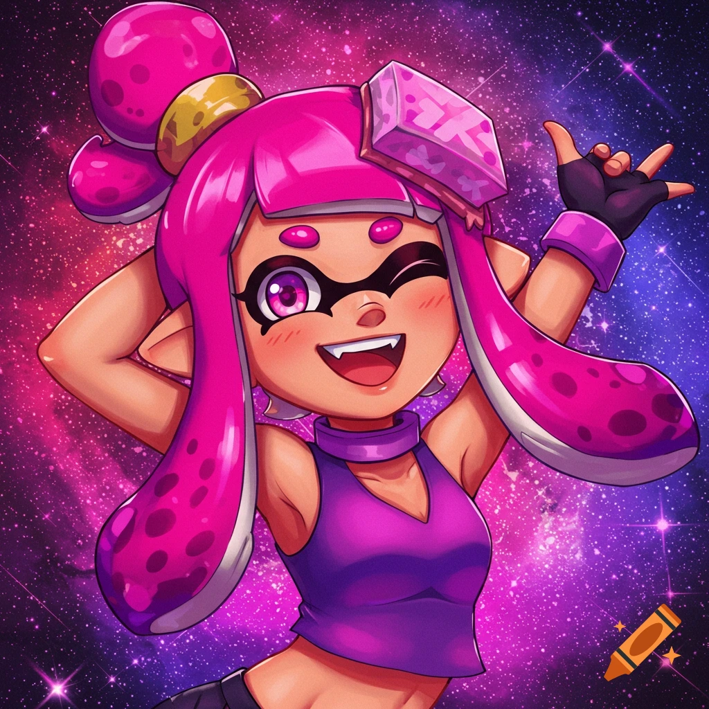 Anime character with pink hair winking and smiling, wearing a purple top, against a starry galaxy background.