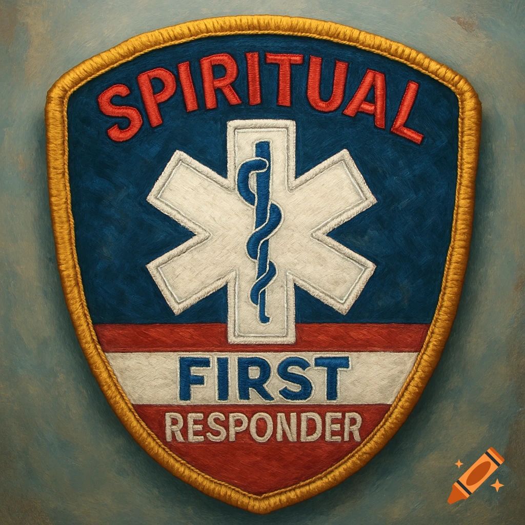 An embroidered shield-shaped patch for 'SPIRITUAL FIRST RESPONDER' with an emergency medical star of life symbol.