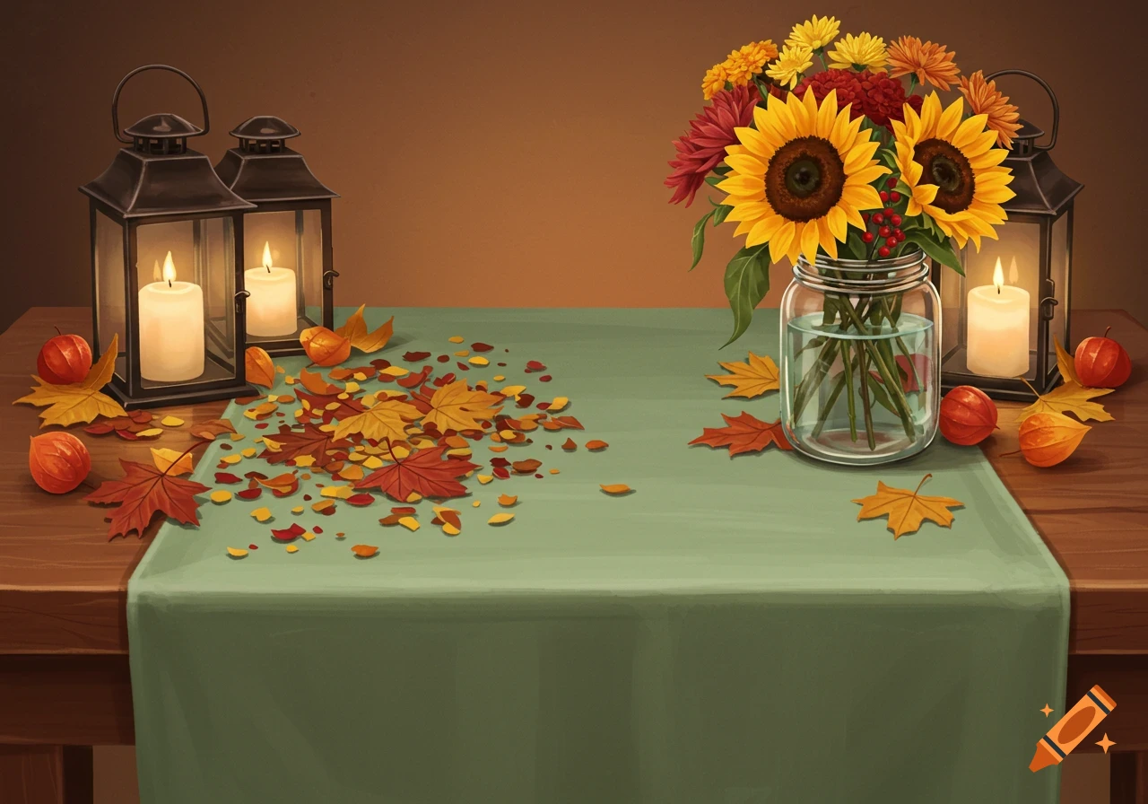 A table with a sage green runner, scattered autumn leaves, lit lanterns, and a vase of sunflowers and fall flowers.