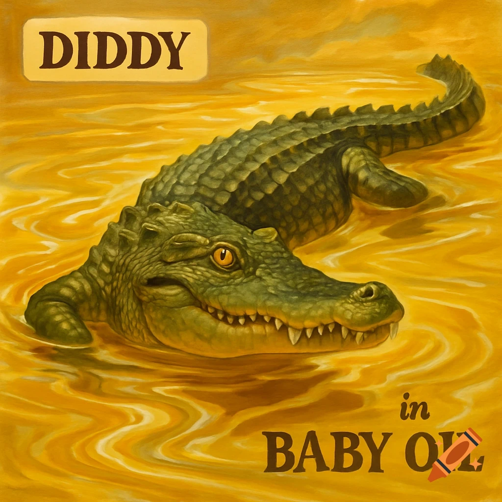 A green crocodile named Diddy swims in a golden-yellow river of baby oil, depicted in a painting style.