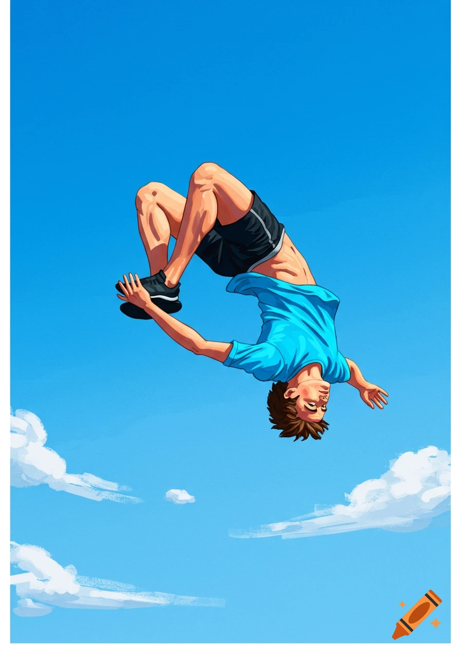 A cartoon illustration of a person in a blue shirt and black shorts performing a backflip against a bright blue sky with clouds.