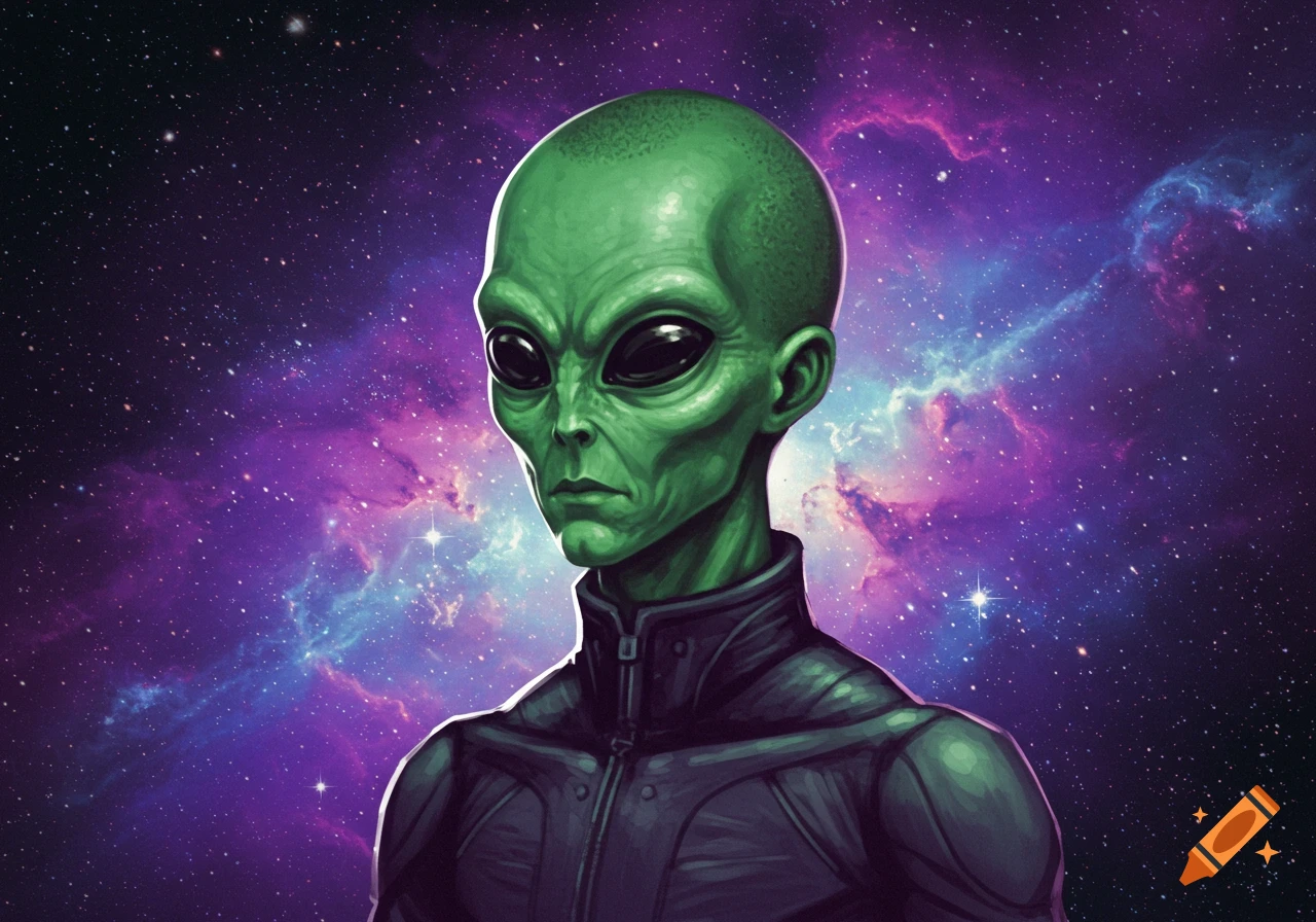 A green-skinned alien with large black eyes and a dark suit stands against a vibrant purple and blue galaxy background.