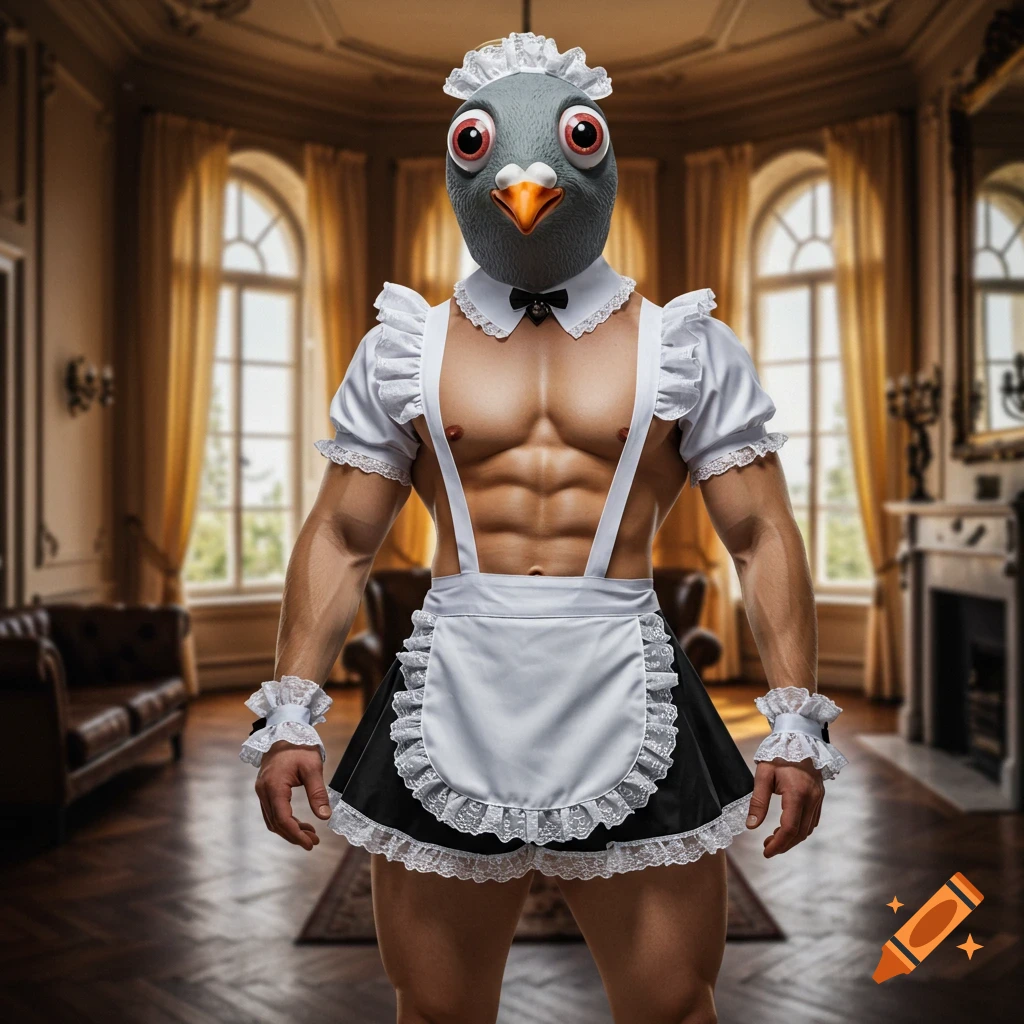 A muscular person wearing a maid outfit and a pigeon mask stands in a grand room.