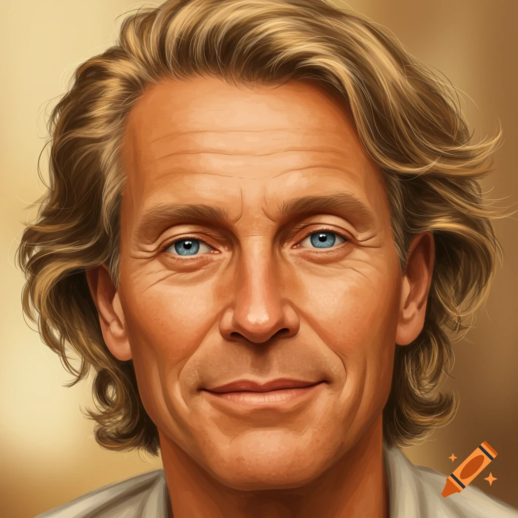 Digital painting of a smiling middle-aged man with blue eyes and light brown wavy hair.