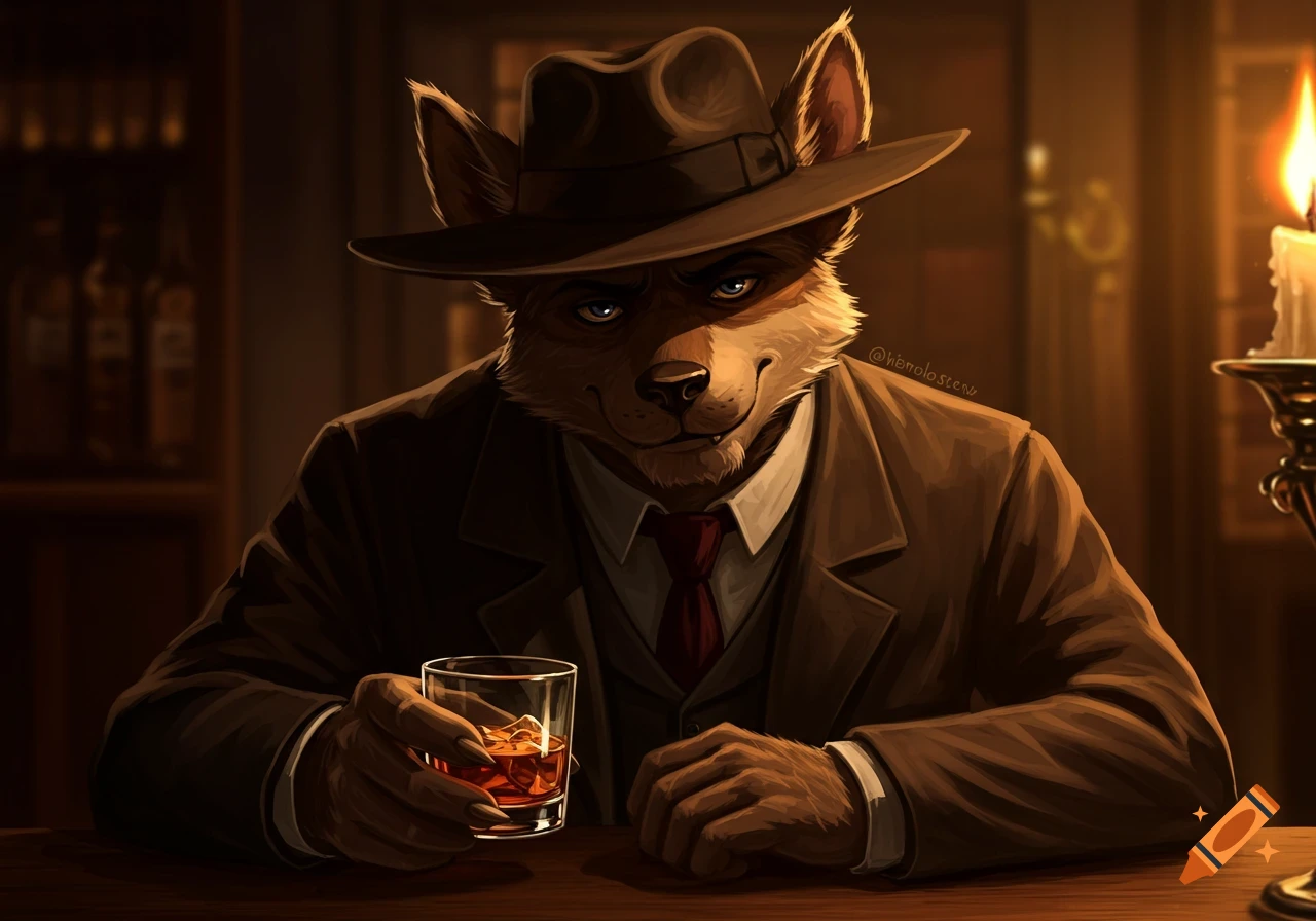 A smug anthropomorphic fox in a fedora and suit sits at a dim bar, holding a glass of whiskey, in a film noir style illustration.