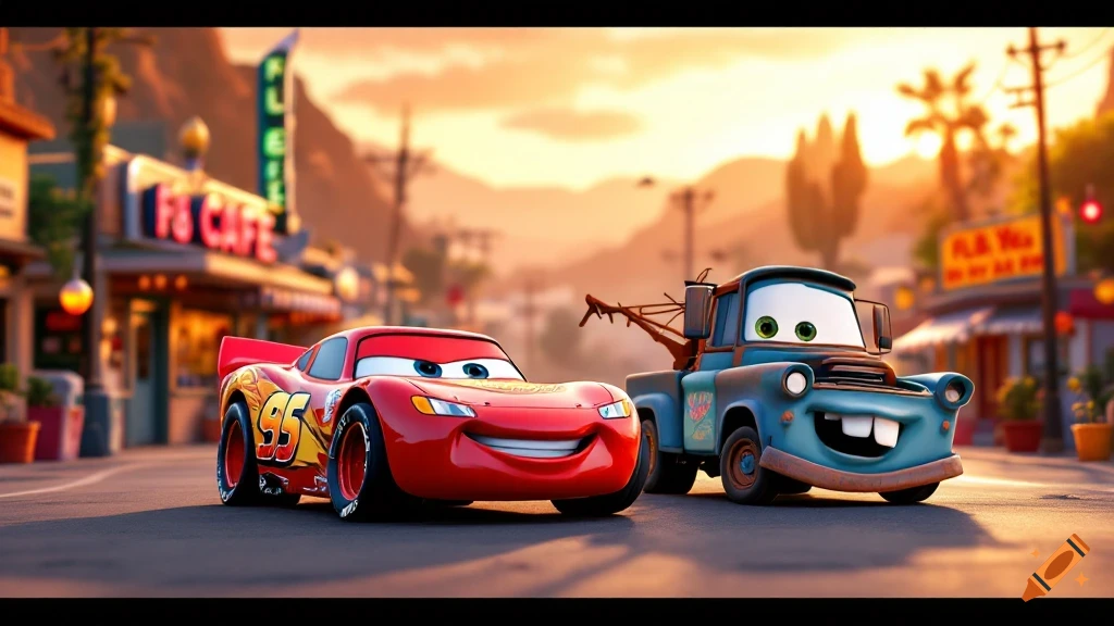Lightning McQueen and Tow Mater from Disney Pixar's Cars on a road in Radiator Springs at golden hour, 3D animated style.