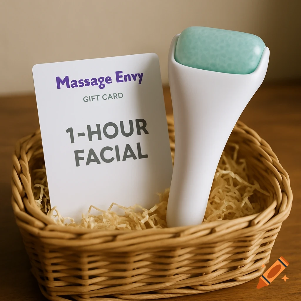 A gift basket containing a white Massage Envy gift card for a 1-hour facial and a white facial ice roller with a green head, on a wooden surface.