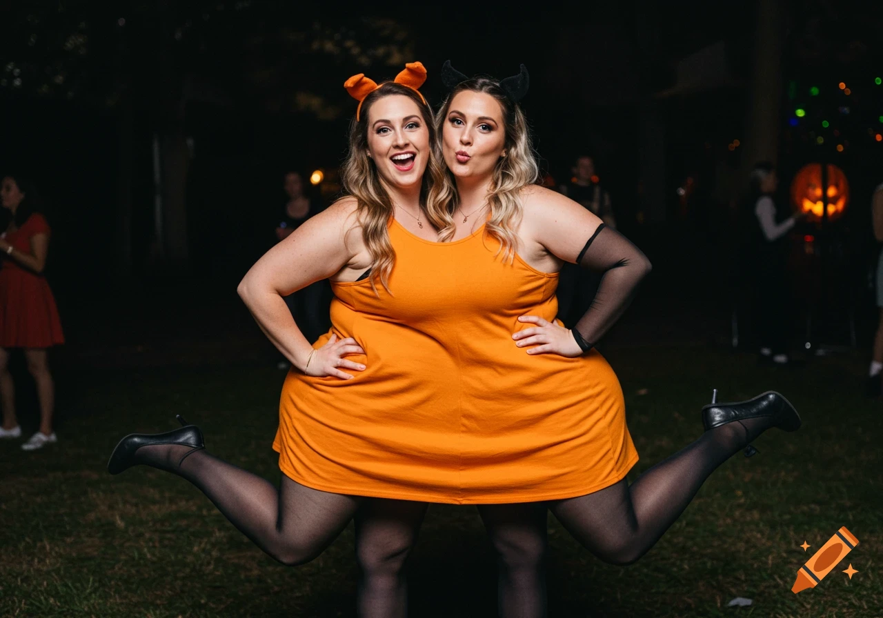 Two women in an orange conjoined costume with animal ears and horns pose playfully at a Halloween party.