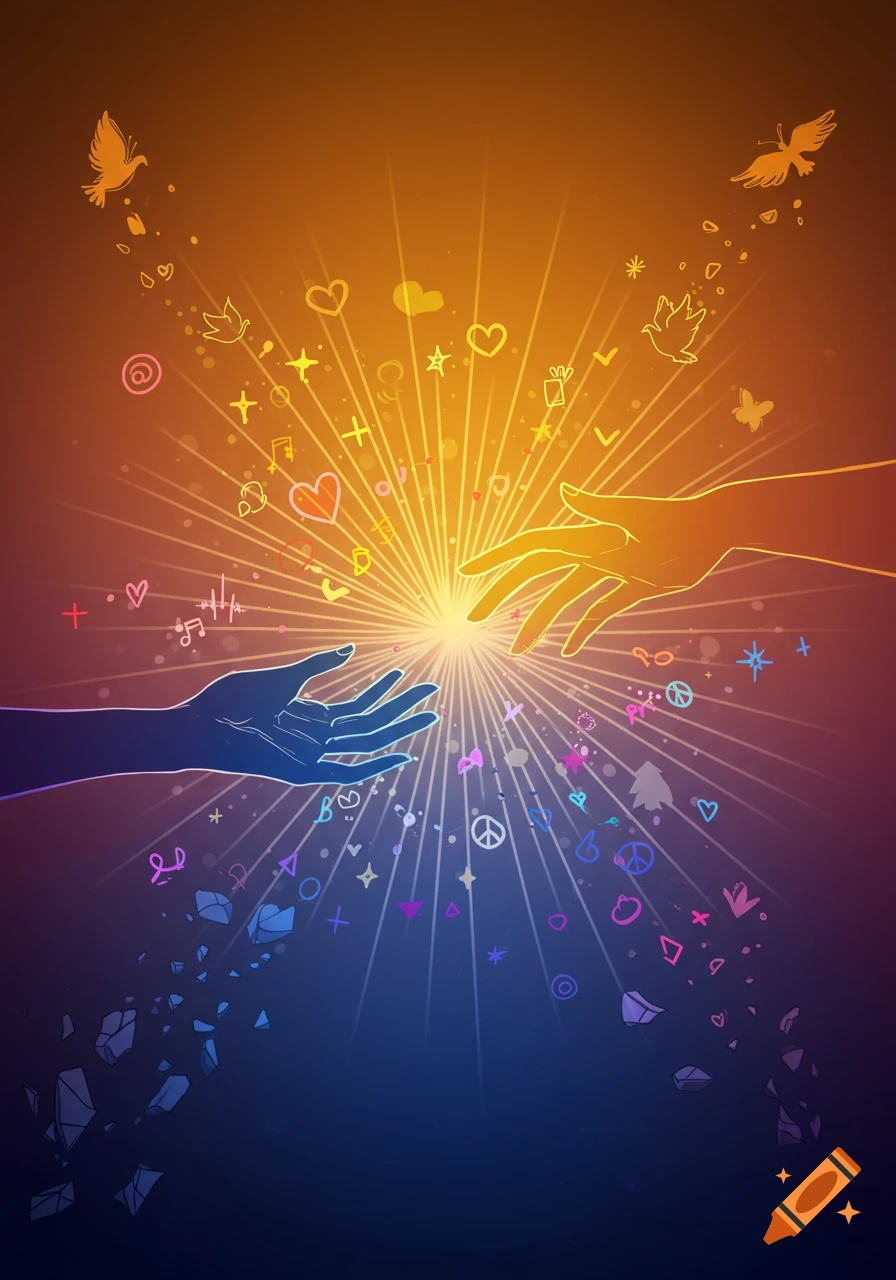 Two silhouetted hands reach toward each other amidst radiant light, surrounded by colorful symbols, doves, and a gradient from dark blue to orange.
