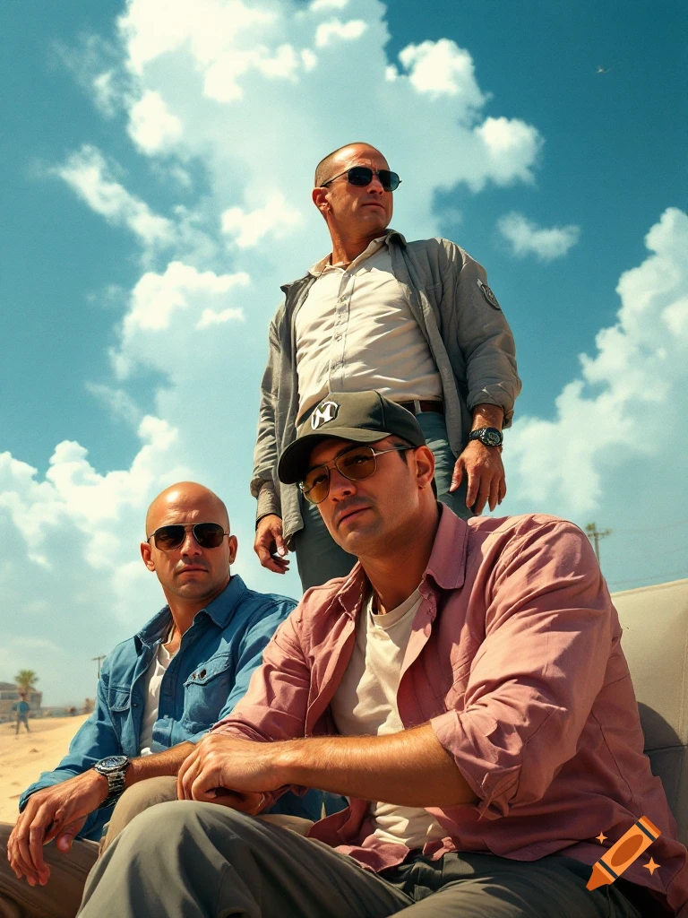 Three men resembling Vin Diesel, Paul Walker, and Sung Kang in sunglasses pose outdoors under a bright sky, like a movie poster.