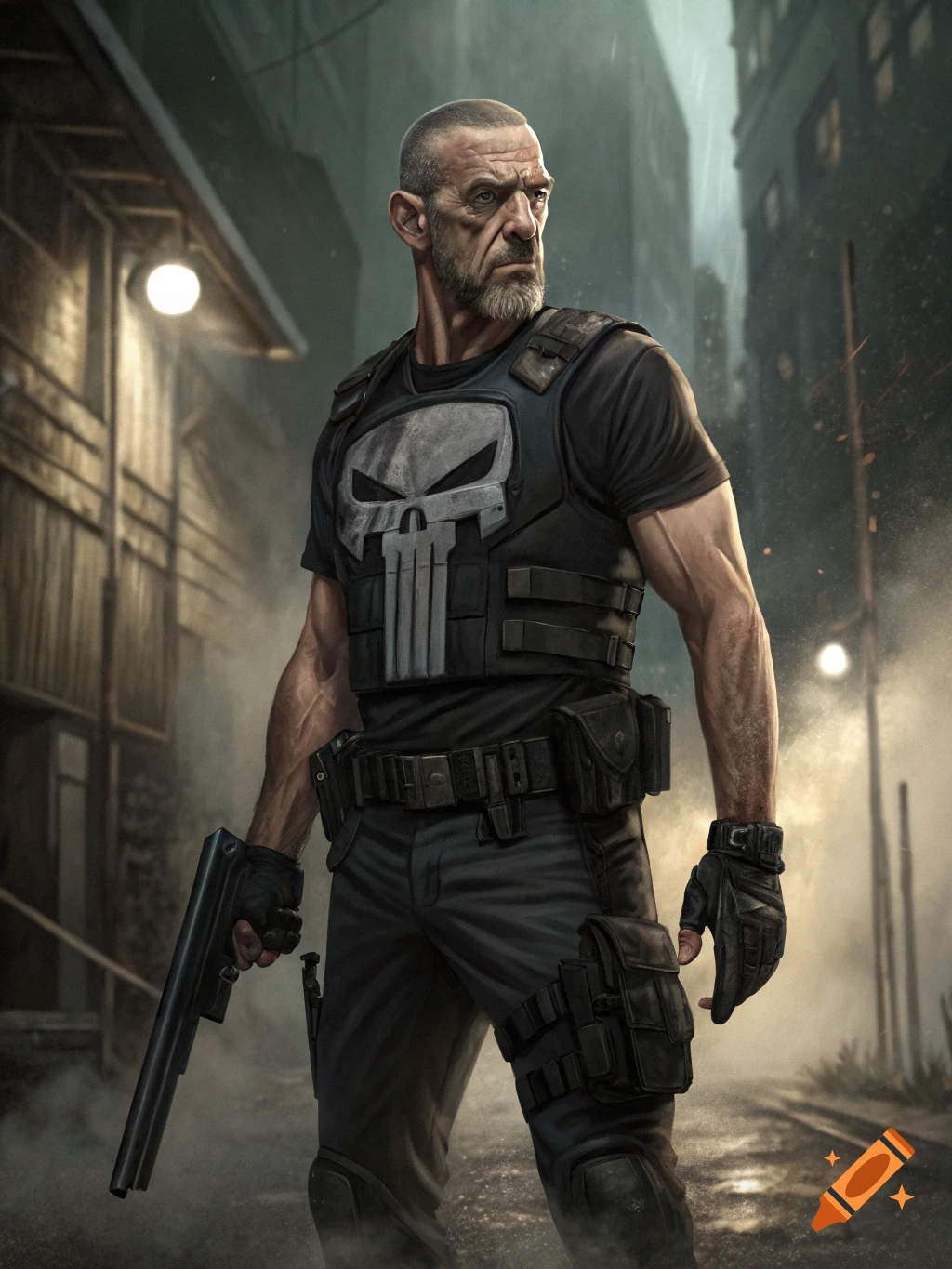 Photorealistic depiction of J.K. Simmons as The Punisher, standing in a dark, rainy urban alley, holding a handgun.