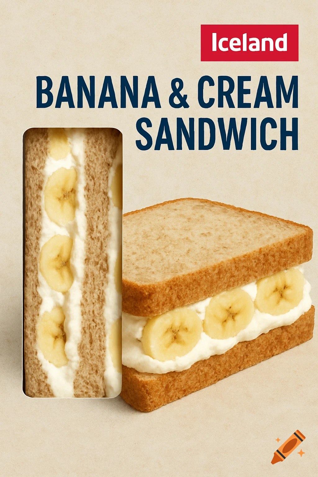 A banana and cream sandwich shown in an open package and as a whole sandwich, with 'Iceland' branding and 'BANANA & CREAM SANDWICH' text.