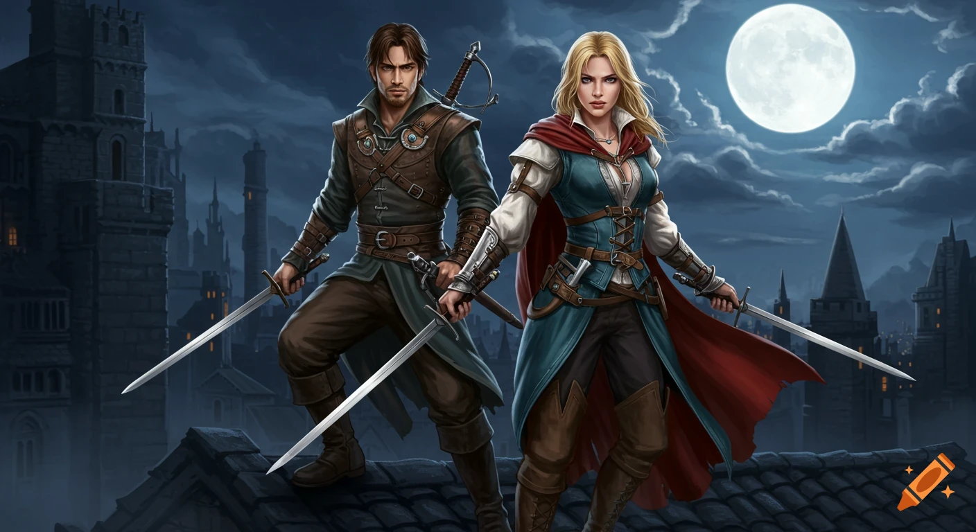 Two fantasy assassins, a blonde woman and a brown-haired man, stand on a gothic rooftop, holding swords under a full moon and cloudy night sky. Digital art.