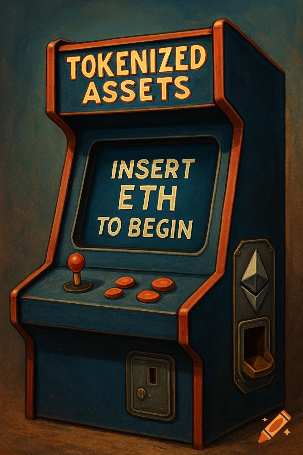 A vintage-style arcade machine with 'TOKENIZED ASSETS' on top and 'INSERT ETH TO BEGIN' on the screen. An Ethereum symbol is near the coin slot.