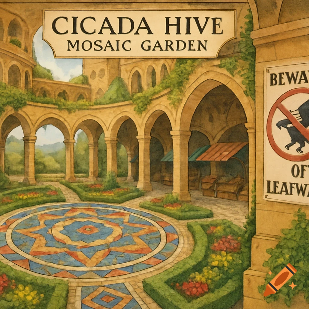 A watercolor illustration of a grand architectural garden with arches, a central mosaic, and lush greenery, under a sign reading 'Cicada Hive Mosaic Garden'.