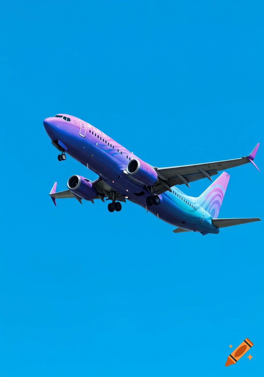 A vibrant purple and blue airplane with a gradient and swirl patterns on its fuselage takes off against a clear blue sky.