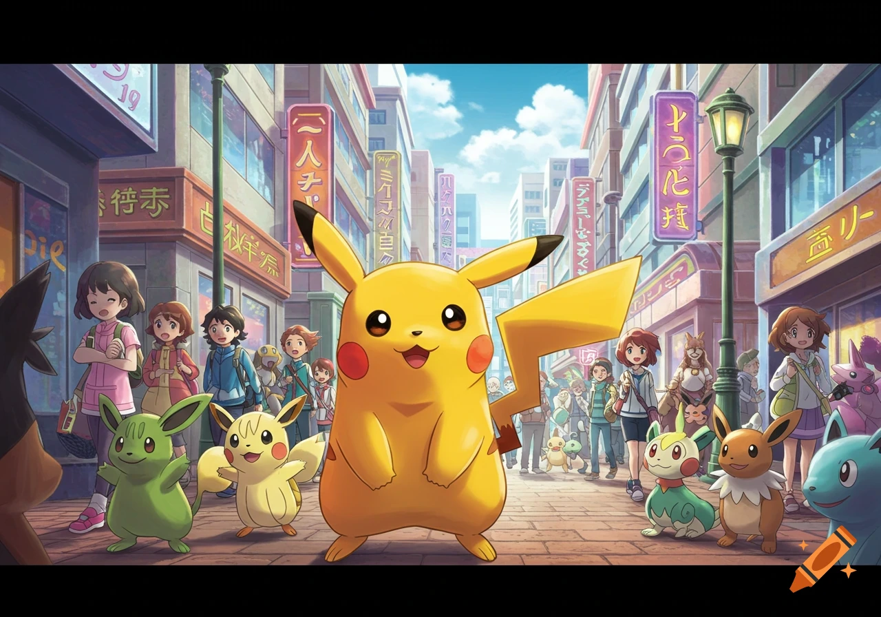Pikachu and other Pokemon stand with trainers on a bustling city street with buildings and signs.