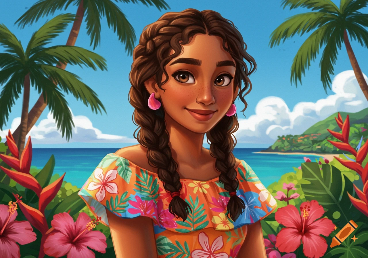Stylized illustration of a young woman with braided hair and an orange floral top against a tropical beach background with palm trees and flowers.