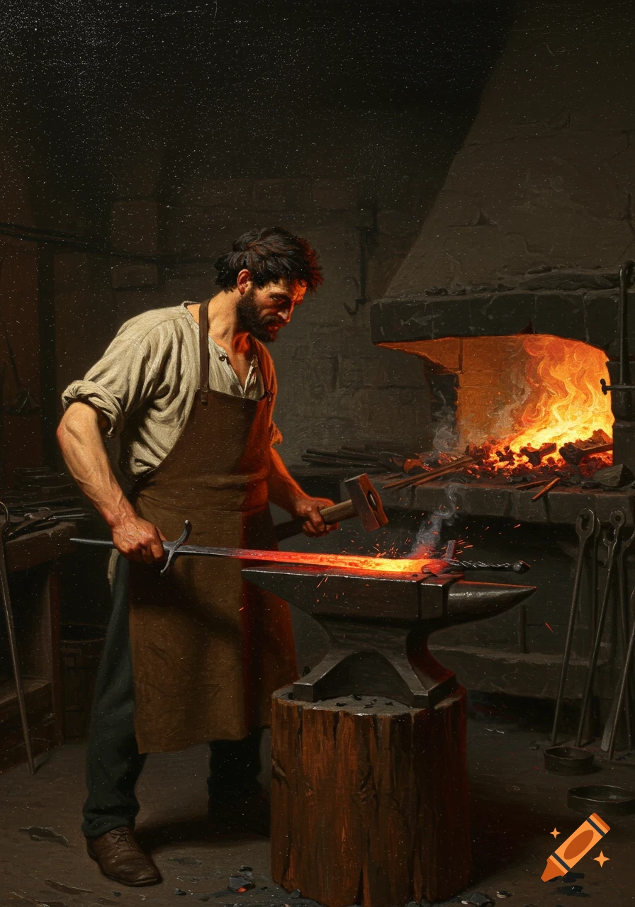 An oil painting of a bearded blacksmith hammering a glowing red sword on an anvil in a dark forge with a fiery furnace.
