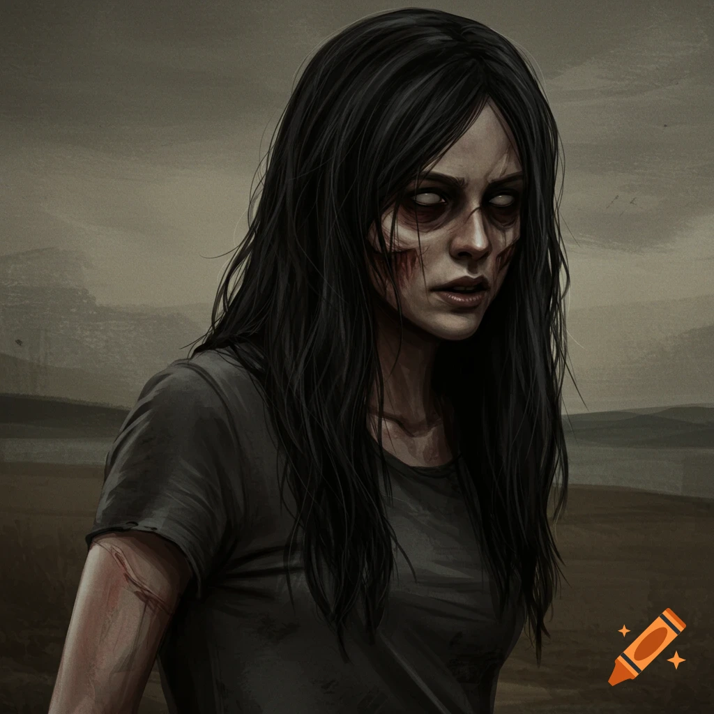 An illustration of a zombie-like woman with long black hair, pale eyes, and facial wounds, standing in a desolate landscape.